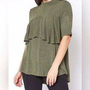 RO & DE Anthropologie Short Sleeve Top Mock Neck Olive Green SZ M
